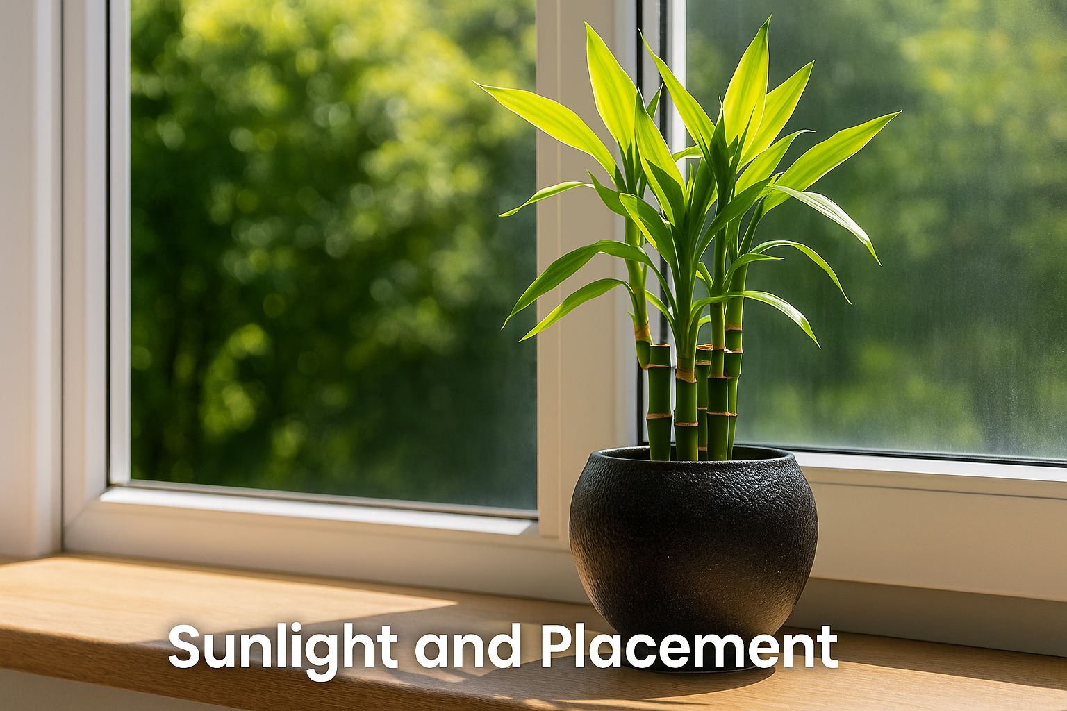Lucky bamboo plant on a sunny windowsill, showcasing optimal indoor sunlight and placement